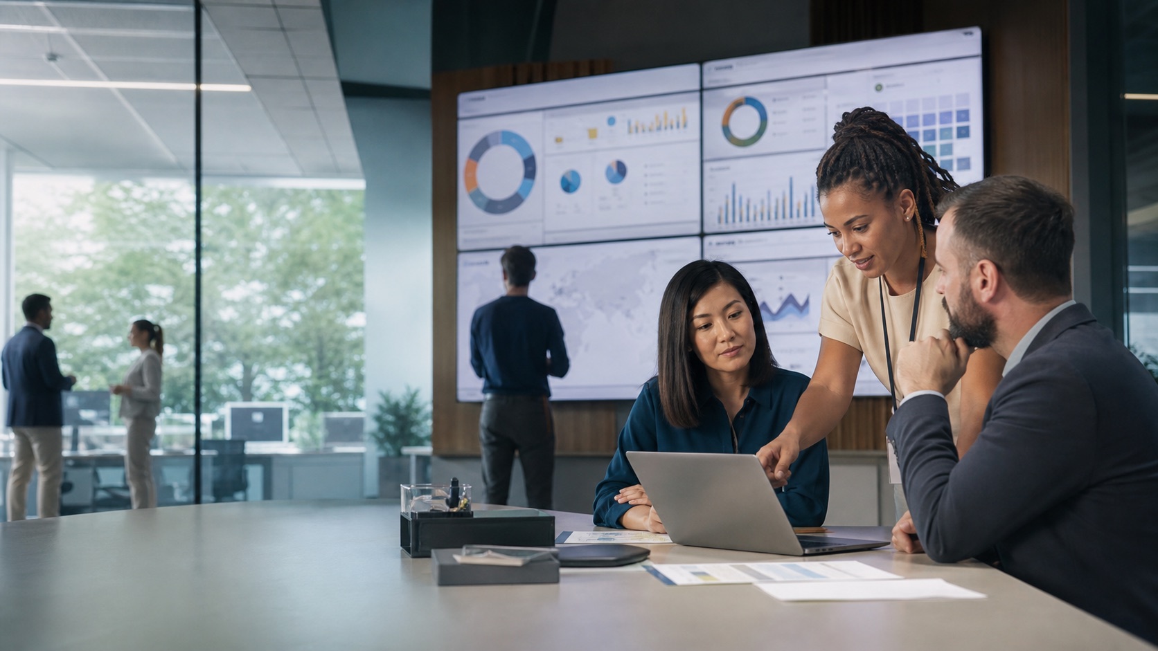 Team reviewing operational dashboards in a modern workspace